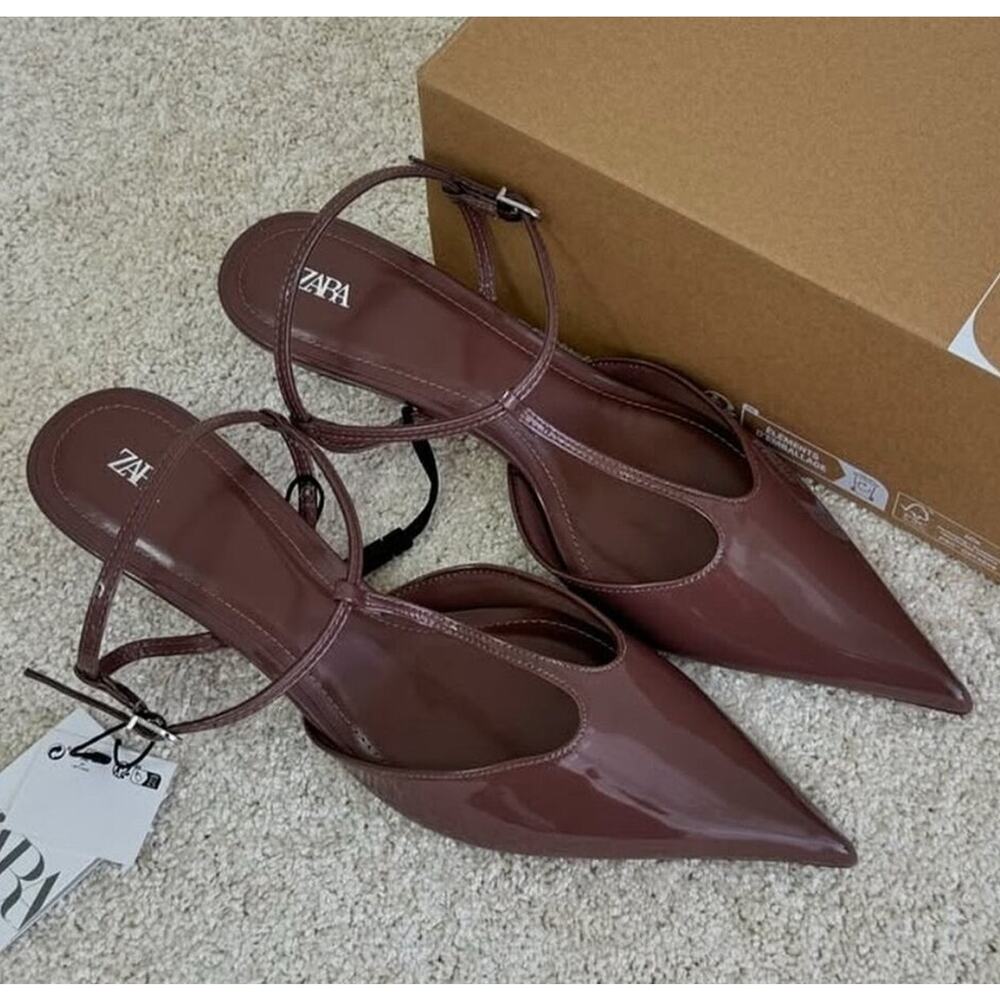Zara NWT Brown Patent T Strap Slingback Pointed Toe Kitten Heels 9 10 - Picture 8 of 16